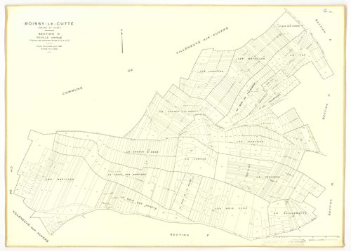 Plans minutes de conservation : BOISSY-LE-CUTTE : tableau d'assemblage, ech. 1/5000 (1939-1951), sections A1, B1, ech. 1/1250 (1939) ; sections A, B, ech. 1/2000, C, D, E, F, G, H, ech. 1/1250 (1951), NB, papier, 105x80, [11 plans]. 