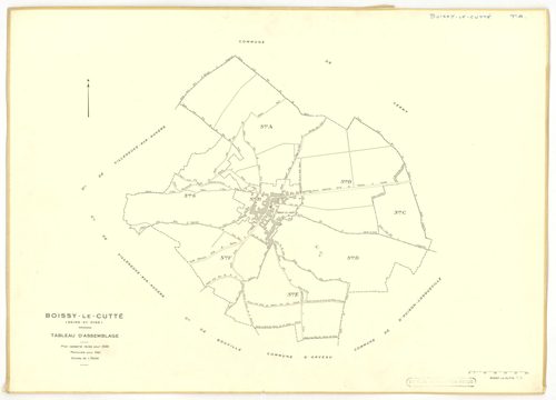 Plans minutes de conservation : BOISSY-LE-CUTTE : tableau d'assemblage, ech. 1/5000 (1939-1951), sections A1, B1, ech. 1/1250 (1939) ; sections A, B, ech. 1/2000, C, D, E, F, G, H, ech. 1/1250 (1951), NB, papier, 105x80, [11 plans]. 