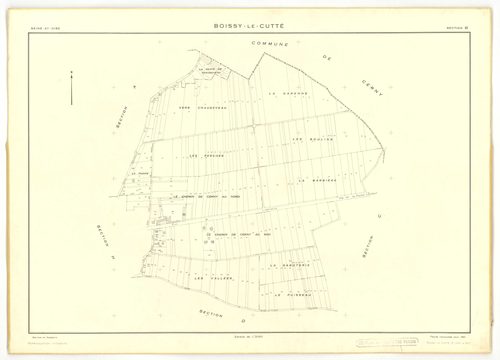 Plans minutes de conservation : BOISSY-LE-CUTTE : tableau d'assemblage, ech. 1/5000 (1939-1951), sections A1, B1, ech. 1/1250 (1939) ; sections A, B, ech. 1/2000, C, D, E, F, G, H, ech. 1/1250 (1951), NB, papier, 105x80, [11 plans]. 