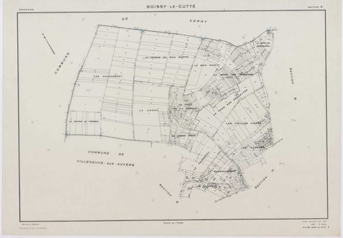 BOISSY-LE-CUTTE, plans minutes de conservation : tableau d'assemblage,1951, Ech. 1/5000 ; plans des sections A, B, 1951, Ech. 1/2000, sections C, D, E, F, G, H, 1951, Ech. 1/1250, section ZA, 1986, Ech. 1/2000. Polyester. N et B. Dim. 105 x 80 cm [10 plan