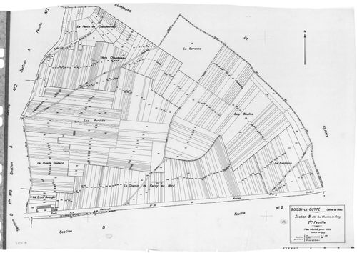BOISSY-LE-CUTTE. - Cadastre révisé pour 1939 : plan du tableau d'assemblage, plans de la section A le Chemin Creux 1ère feuille, idem 2ème feuille, section B les Chemins de Cerny 1ère feuille, idem 2ème feuille, section C les Tessonnières 1ère feuille, id