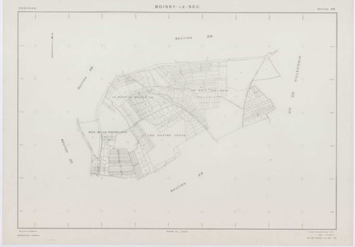 BOISSY-LE-SEC, plans minutes de conservation : tableau d'assemblage,1961, Ech. 1/10000 ; plans des sections AB, AD, AE, 1961, Ech. 1/1000, sections AC, AH, AI, AK, AL, AM, ZA1, ZA2, ZB, ZC, ZD, ZE, ZH, ZI, ZK, ZL, ZM, ZN, ZO, ZP, ZR, ZS, ZT, 1961, Ech. 1/