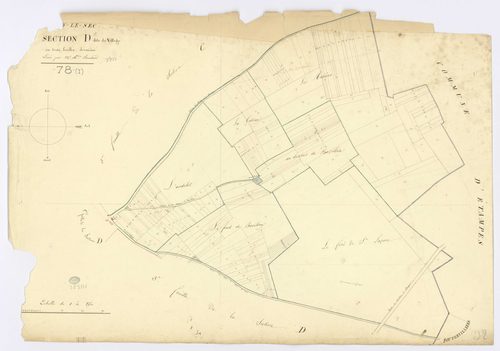 BOISSY-LE-SEC. - Section D - Village (le), 2, ech. 1/2500, coul., aquarelle, papier, 67x96 (1824). 