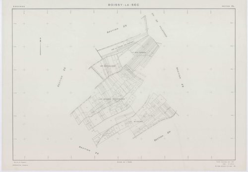 BOISSY-LE-SEC, plans minutes de conservation : tableau d'assemblage,1961, Ech. 1/10000 ; plans des sections AB, AD, AE, 1961, Ech. 1/1000, sections AC, AH, AI, AK, AL, AM, ZA1, ZA2, ZB, ZC, ZD, ZE, ZH, ZI, ZK, ZL, ZM, ZN, ZO, ZP, ZR, ZS, ZT, 1961, Ech. 1/