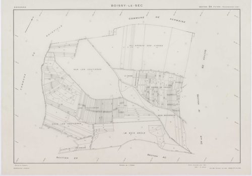 BOISSY-LE-SEC, plans minutes de conservation : tableau d'assemblage,1961, Ech. 1/10000 ; plans des sections AB, AD, AE, 1961, Ech. 1/1000, sections AC, AH, AI, AK, AL, AM, ZA1, ZA2, ZB, ZC, ZD, ZE, ZH, ZI, ZK, ZL, ZM, ZN, ZO, ZP, ZR, ZS, ZT, 1961, Ech. 1/
