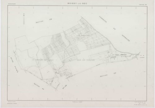 BOISSY-LE-SEC, plans minutes de conservation : tableau d'assemblage,1961, Ech. 1/10000 ; plans des sections AB, AD, AE, 1961, Ech. 1/1000, sections AC, AH, AI, AK, AL, AM, ZA1, ZA2, ZB, ZC, ZD, ZE, ZH, ZI, ZK, ZL, ZM, ZN, ZO, ZP, ZR, ZS, ZT, 1961, Ech. 1/