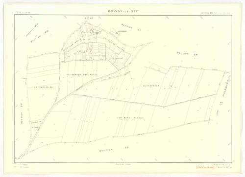 Plans minutes de conservation : BOISSY-LE-SEC : tableau d'assemblage, ech. 1/10000 (1961), sections AB, AD, AE, ech. 1/1000 (1961), sections AC, AH, AI, AK, AL, AM, ZA1, ZA2, ZB, ZC, ZD, ZE, ZH, ZI, ZK, ZL, ZM, ZN, ZO, ZP, ZR, ZS, ZT, ech. 1/2000 (1961), 