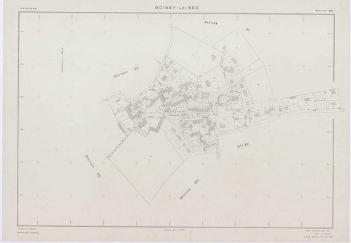 BOISSY-LE-SEC, plans minutes de conservation : tableau d'assemblage,1961, Ech. 1/10000 ; plans des sections AB, AD, AE, 1961, Ech. 1/1000, sections AC, AH, AI, AK, AL, AM, ZA1, ZA2, ZB, ZC, ZD, ZE, ZH, ZI, ZK, ZL, ZM, ZN, ZO, ZP, ZR, ZS, ZT, 1961, Ech. 1/