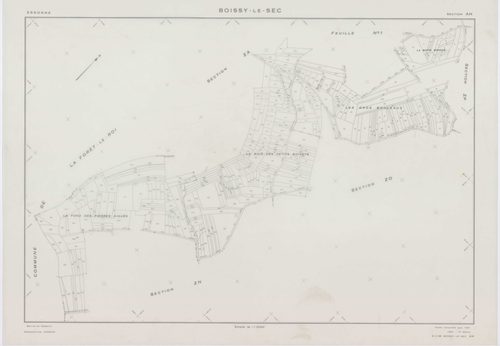 BOISSY-LE-SEC, plans minutes de conservation : tableau d'assemblage,1961, Ech. 1/10000 ; plans des sections AB, AD, AE, 1961, Ech. 1/1000, sections AC, AH, AI, AK, AL, AM, ZA1, ZA2, ZB, ZC, ZD, ZE, ZH, ZI, ZK, ZL, ZM, ZN, ZO, ZP, ZR, ZS, ZT, 1961, Ech. 1/