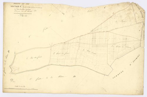 BOISSY-LE-SEC. - Section C - de la vallée du Frêne et du Chesnay, 3, ech. 1/2500, coul., aquarelle, papier, 66x99 (1824). 
