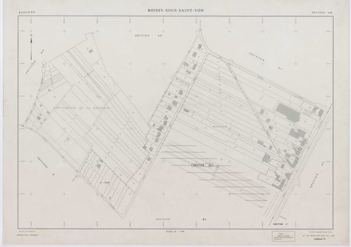 BOISSY-SOUS-SAINT-YON, plans minutes de conservation : tableau d'assemblage,1939, Ech. 1/10000 ; plans des sections B, C, 1939, Ech. 1/2500, section ZA, 1963, Ech. 1/2000, section ZB, 1989, Ech. 1/2000, sections AD, AE, AH, AL, AR, AS, AT, 1991, Ech. 1/10