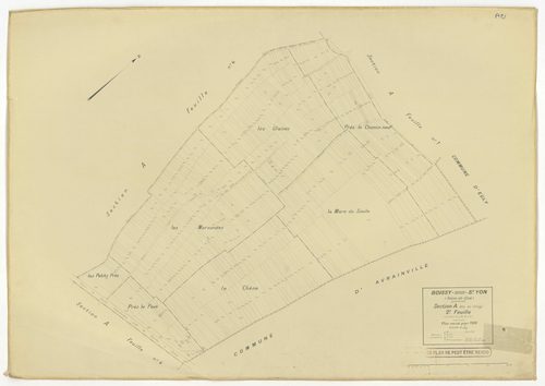 Plans minutes de conservation : BOISSY-SOUS-SAINT-YON : tableau d'assemblage, ech. 1/10000 (1939), sections A1, A2, A3, A5, ech. 1/1250, sections B, C, ech. 1/2500 (1939) ; section ZA, ech. 1/2000 (1963) ; section A4, ech. 1/1250 (1979) NB, papier, 105x80