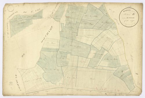 BOISSY-SOUS-SAINT-YON. - Section B - Justice (la), ech. 1/2500, coul., aquarelle, papier, 70x104 (1826). 