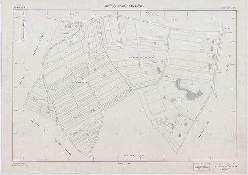 BOISSY-SOUS-SAINT-YON, plans minutes de conservation : tableau d'assemblage,1939, Ech. 1/10000 ; plans des sections B, C, 1939, Ech. 1/2500, section ZA, 1963, Ech. 1/2000, section ZB, 1989, Ech. 1/2000, sections AD, AE, AH, AL, AR, AS, AT, 1991, Ech. 1/10