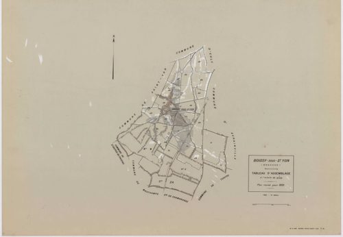 BOISSY-SOUS-SAINT-YON, plans minutes de conservation : tableau d'assemblage,1939, Ech. 1/10000 ; plans des sections B, C, 1939, Ech. 1/2500, section ZA, 1963, Ech. 1/2000, section ZB, 1989, Ech. 1/2000, sections AD, AE, AH, AL, AR, AS, AT, 1991, Ech. 1/10
