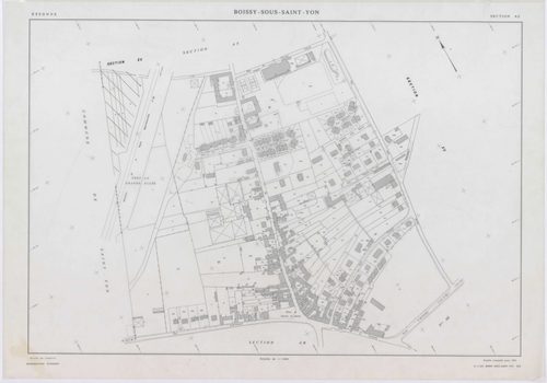 BOISSY-SOUS-SAINT-YON, plans minutes de conservation : tableau d'assemblage,1939, Ech. 1/10000 ; plans des sections B, C, 1939, Ech. 1/2500, section ZA, 1963, Ech. 1/2000, section ZB, 1989, Ech. 1/2000, sections AD, AE, AH, AL, AR, AS, AT, 1991, Ech. 1/10