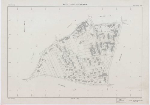 BOISSY-SOUS-SAINT-YON, plans minutes de conservation : tableau d'assemblage,1939, Ech. 1/10000 ; plans des sections B, C, 1939, Ech. 1/2500, section ZA, 1963, Ech. 1/2000, section ZB, 1989, Ech. 1/2000, sections AD, AE, AH, AL, AR, AS, AT, 1991, Ech. 1/10