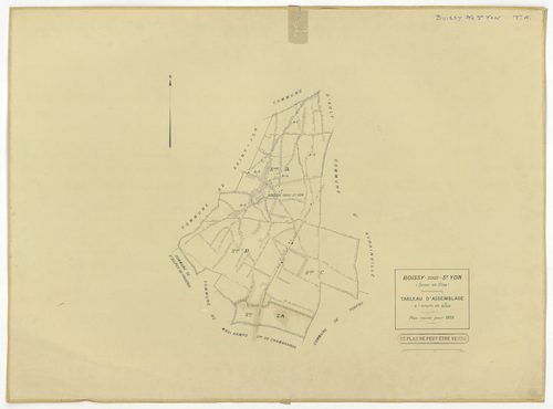 Plans minutes de conservation : BOISSY-SOUS-SAINT-YON : tableau d'assemblage, ech. 1/10000 (1939), sections A1, A2, A3, A5, ech. 1/1250, sections B, C, ech. 1/2500 (1939) ; section ZA, ech. 1/2000 (1963) ; section A4, ech. 1/1250 (1979) NB, papier, 105x80
