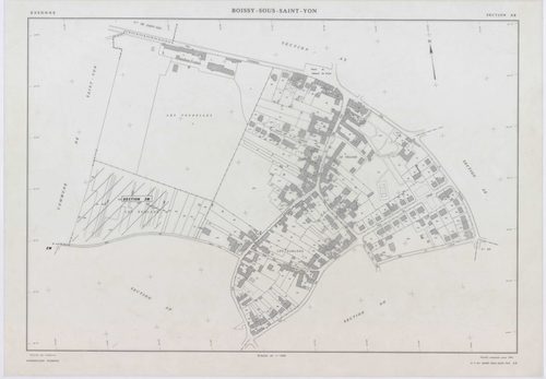 BOISSY-SOUS-SAINT-YON, plans minutes de conservation : tableau d'assemblage,1939, Ech. 1/10000 ; plans des sections B, C, 1939, Ech. 1/2500, section ZA, 1963, Ech. 1/2000, section ZB, 1989, Ech. 1/2000, sections AD, AE, AH, AL, AR, AS, AT, 1991, Ech. 1/10