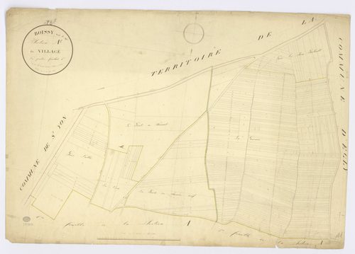BOISSY-SOUS-SAINT-YON. - Section A - Village (le), 1, ech. 1/1250, coul., aquarelle, papier, 70x98 (1826). 
