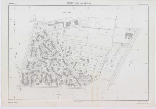 BOISSY-SOUS-SAINT-YON, plans minutes de conservation : tableau d'assemblage,1939, Ech. 1/10000 ; plans des sections B, C, 1939, Ech. 1/2500, section ZA, 1963, Ech. 1/2000, section ZB, 1989, Ech. 1/2000, sections AD, AE, AH, AL, AR, AS, AT, 1991, Ech. 1/10