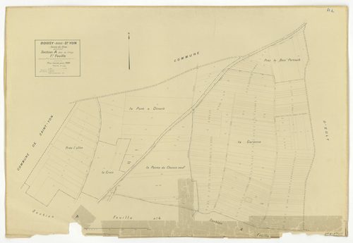 Plans minutes de conservation : BOISSY-SOUS-SAINT-YON : tableau d'assemblage, ech. 1/10000 (1939), sections A1, A2, A3, A5, ech. 1/1250, sections B, C, ech. 1/2500 (1939) ; section ZA, ech. 1/2000 (1963) ; section A4, ech. 1/1250 (1979) NB, papier, 105x80