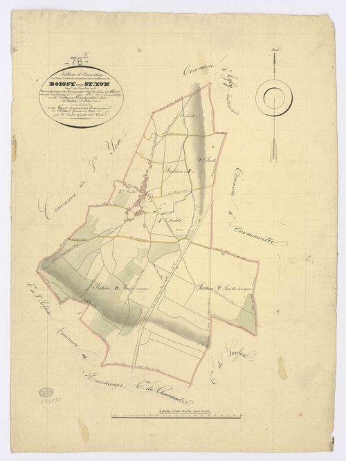 BOISSY-SOUS-SAINT-YON. - Plan d'assemblage, ech. 1/10000, coul., aquarelle, papier, 69x50 (1826). 