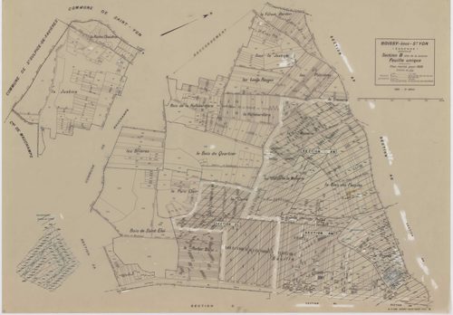 BOISSY-SOUS-SAINT-YON, plans minutes de conservation : tableau d'assemblage,1939, Ech. 1/10000 ; plans des sections B, C, 1939, Ech. 1/2500, section ZA, 1963, Ech. 1/2000, section ZB, 1989, Ech. 1/2000, sections AD, AE, AH, AL, AR, AS, AT, 1991, Ech. 1/10