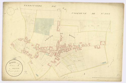 BOISSY-SOUS-SAINT-YON. - Section A - Village (le), 3, ech. 1/1250, coul., aquarelle, papier, 69x103 (1826). 
