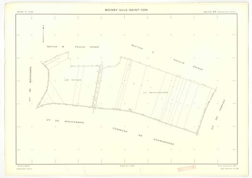 Plans minutes de conservation : BOISSY-SOUS-SAINT-YON : tableau d'assemblage, ech. 1/10000 (1939), sections A1, A2, A3, A5, ech. 1/1250, sections B, C, ech. 1/2500 (1939) ; section ZA, ech. 1/2000 (1963) ; section A4, ech. 1/1250 (1979) NB, papier, 105x80