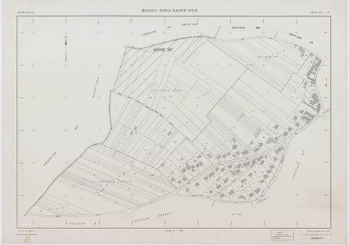 BOISSY-SOUS-SAINT-YON, plans minutes de conservation : tableau d'assemblage,1939, Ech. 1/10000 ; plans des sections B, C, 1939, Ech. 1/2500, section ZA, 1963, Ech. 1/2000, section ZB, 1989, Ech. 1/2000, sections AD, AE, AH, AL, AR, AS, AT, 1991, Ech. 1/10
