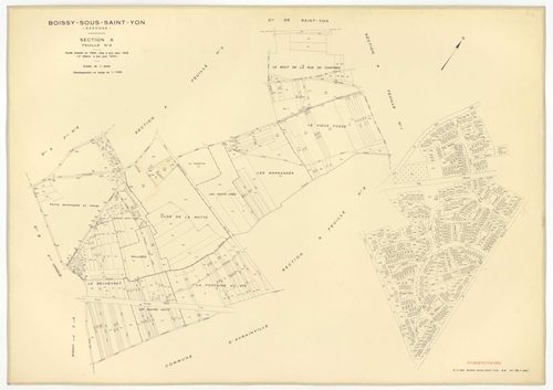Plans minutes de conservation : BOISSY-SOUS-SAINT-YON : tableau d'assemblage, ech. 1/10000 (1939), sections A1, A2, A3, A5, ech. 1/1250, sections B, C, ech. 1/2500 (1939) ; section ZA, ech. 1/2000 (1963) ; section A4, ech. 1/1250 (1979) NB, papier, 105x80