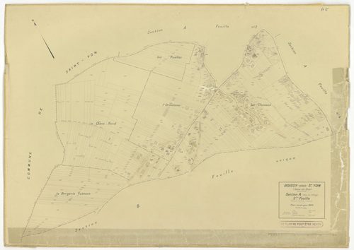 Plans minutes de conservation : BOISSY-SOUS-SAINT-YON : tableau d'assemblage, ech. 1/10000 (1939), sections A1, A2, A3, A5, ech. 1/1250, sections B, C, ech. 1/2500 (1939) ; section ZA, ech. 1/2000 (1963) ; section A4, ech. 1/1250 (1979) NB, papier, 105x80