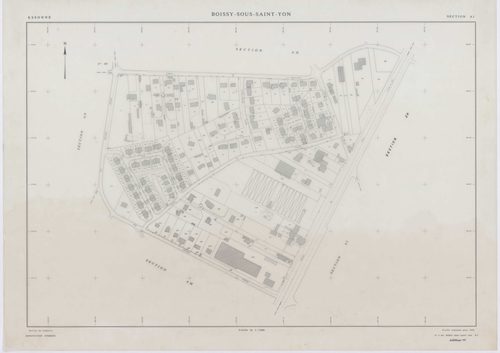 BOISSY-SOUS-SAINT-YON, plans minutes de conservation : tableau d'assemblage,1939, Ech. 1/10000 ; plans des sections B, C, 1939, Ech. 1/2500, section ZA, 1963, Ech. 1/2000, section ZB, 1989, Ech. 1/2000, sections AD, AE, AH, AL, AR, AS, AT, 1991, Ech. 1/10