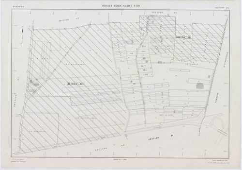 BOISSY-SOUS-SAINT-YON, plans minutes de conservation : tableau d'assemblage,1939, Ech. 1/10000 ; plans des sections B, C, 1939, Ech. 1/2500, section ZA, 1963, Ech. 1/2000, section ZB, 1989, Ech. 1/2000, sections AD, AE, AH, AL, AR, AS, AT, 1991, Ech. 1/10