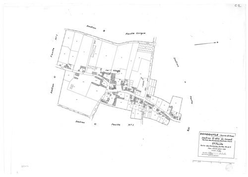 BONDOUFLE. - Cadastre révisé pour 1933 : plan du tableau d'assemblage , plans de la section A le Nord 1ère feuille, idem 2ème feuille , section B le Couchant, section C le Levant 2ème feuille ; cadastre révisé pour 1977 : plans de la section A 1ère feuill