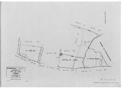BONDOUFLE. - Cadastre révisé pour 1933 : plan du tableau d'assemblage , plans de la section A le Nord 1ère feuille, idem 2ème feuille , section B le Couchant, section C le Levant 2ème feuille ; cadastre révisé pour 1977 : plans de la section A 1ère feuill
