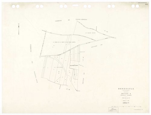 BONDOUFLE, plans minutes de conservation : tableau d'assemblage,1933, Ech. 1/5000 ; plans des sections AA, AE, AZ, BA, 1994, Ech. 1/1000, sections AB, AC, AD, AH, AI, AK, AL, AM, AO, AP, AT, 1981, Ech. 1/1000, sections AS, AT, AV, AW, 1990, Ech. 1/1000, s