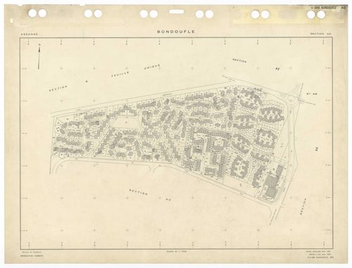 BONDOUFLE, plans minutes de conservation : tableau d'assemblage,1933, Ech. 1/5000 ; plans des sections AA, AE, AZ, BA, 1994, Ech. 1/1000, sections AB, AC, AD, AH, AI, AK, AL, AM, AO, AP, AT, 1981, Ech. 1/1000, sections AS, AT, AV, AW, 1990, Ech. 1/1000, s