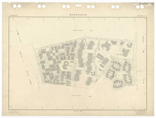 BONDOUFLE, plans minutes de conservation : tableau d'assemblage,1933, Ech. 1/5000 ; plans des sections AA, AE, AZ, BA, 1994, Ech. 1/1000, sections AB, AC, AD, AH, AI, AK, AL, AM, AO, AP, AT, 1981, Ech. 1/1000, sections AS, AT, AV, AW, 1990, Ech. 1/1000, s