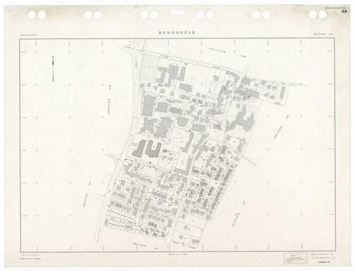 BONDOUFLE, plans minutes de conservation : tableau d'assemblage,1933, Ech. 1/5000 ; plans des sections AA, AE, AZ, BA, 1994, Ech. 1/1000, sections AB, AC, AD, AH, AI, AK, AL, AM, AO, AP, AT, 1981, Ech. 1/1000, sections AS, AT, AV, AW, 1990, Ech. 1/1000, s