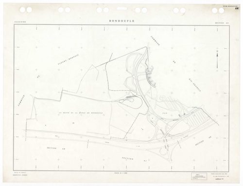 BONDOUFLE, plans minutes de conservation : tableau d'assemblage,1933, Ech. 1/5000 ; plans des sections AA, AE, AZ, BA, 1994, Ech. 1/1000, sections AB, AC, AD, AH, AI, AK, AL, AM, AO, AP, AT, 1981, Ech. 1/1000, sections AS, AT, AV, AW, 1990, Ech. 1/1000, s