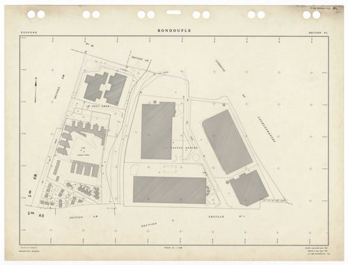 BONDOUFLE, plans minutes de conservation : tableau d'assemblage,1933, Ech. 1/5000 ; plans des sections AA, AE, AZ, BA, 1994, Ech. 1/1000, sections AB, AC, AD, AH, AI, AK, AL, AM, AO, AP, AT, 1981, Ech. 1/1000, sections AS, AT, AV, AW, 1990, Ech. 1/1000, s