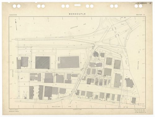 BONDOUFLE, plans minutes de conservation : tableau d'assemblage,1933, Ech. 1/5000 ; plans des sections AA, AE, AZ, BA, 1994, Ech. 1/1000, sections AB, AC, AD, AH, AI, AK, AL, AM, AO, AP, AT, 1981, Ech. 1/1000, sections AS, AT, AV, AW, 1990, Ech. 1/1000, s
