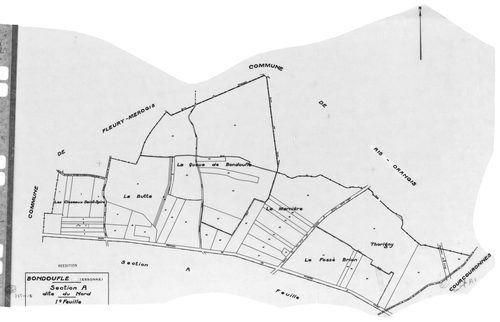 BONDOUFLE. - Cadastre révisé pour 1933 : plan du tableau d'assemblage , plans de la section A le Nord 1ère feuille, idem 2ème feuille , section B le Couchant, section C le Levant 2ème feuille ; cadastre révisé pour 1977 : plans de la section A 1ère feuill