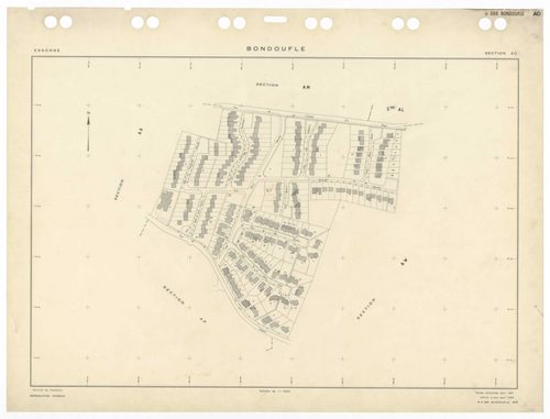 BONDOUFLE, plans minutes de conservation : tableau d'assemblage,1933, Ech. 1/5000 ; plans des sections AA, AE, AZ, BA, 1994, Ech. 1/1000, sections AB, AC, AD, AH, AI, AK, AL, AM, AO, AP, AT, 1981, Ech. 1/1000, sections AS, AT, AV, AW, 1990, Ech. 1/1000, s
