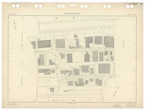 BONDOUFLE, plans minutes de conservation : tableau d'assemblage,1933, Ech. 1/5000 ; plans des sections AA, AE, AZ, BA, 1994, Ech. 1/1000, sections AB, AC, AD, AH, AI, AK, AL, AM, AO, AP, AT, 1981, Ech. 1/1000, sections AS, AT, AV, AW, 1990, Ech. 1/1000, s
