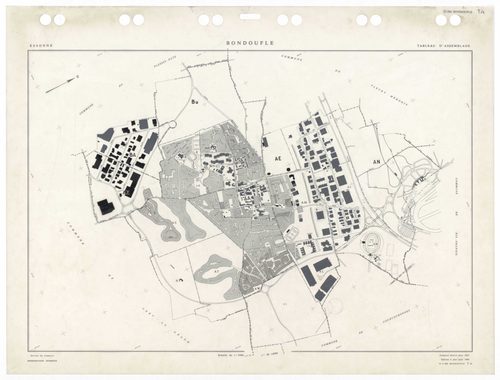 BONDOUFLE, plans minutes de conservation : tableau d'assemblage,1933, Ech. 1/5000 ; plans des sections AA, AE, AZ, BA, 1994, Ech. 1/1000, sections AB, AC, AD, AH, AI, AK, AL, AM, AO, AP, AT, 1981, Ech. 1/1000, sections AS, AT, AV, AW, 1990, Ech. 1/1000, s