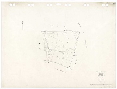 BONDOUFLE, plans minutes de conservation : tableau d'assemblage,1933, Ech. 1/5000 ; plans des sections AA, AE, AZ, BA, 1994, Ech. 1/1000, sections AB, AC, AD, AH, AI, AK, AL, AM, AO, AP, AT, 1981, Ech. 1/1000, sections AS, AT, AV, AW, 1990, Ech. 1/1000, s