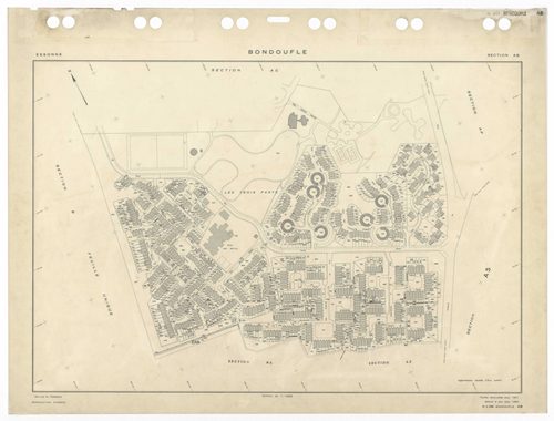 BONDOUFLE, plans minutes de conservation : tableau d'assemblage,1933, Ech. 1/5000 ; plans des sections AA, AE, AZ, BA, 1994, Ech. 1/1000, sections AB, AC, AD, AH, AI, AK, AL, AM, AO, AP, AT, 1981, Ech. 1/1000, sections AS, AT, AV, AW, 1990, Ech. 1/1000, s